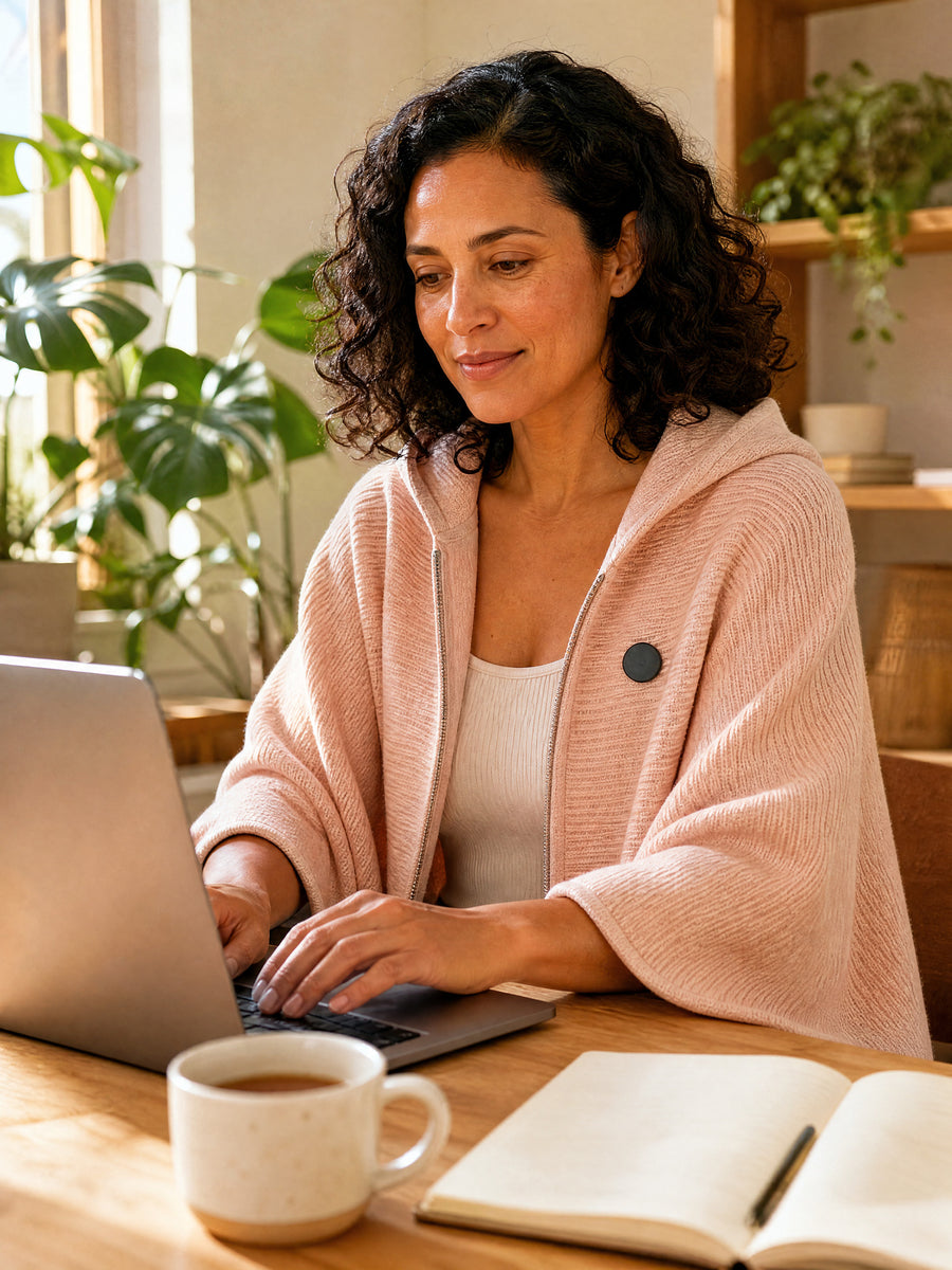 Working at a desk with the wrap over her shoulders